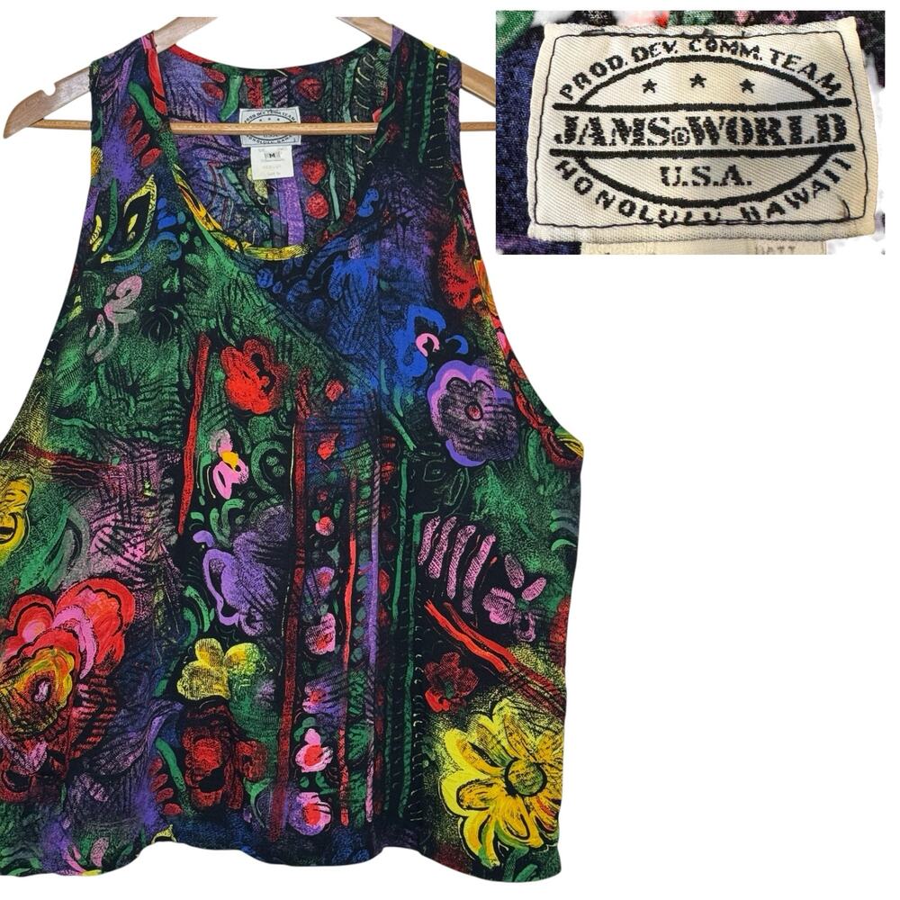 Vtg Jams World Florentine Abstract Floral Print Medium Tank Top Honolulu Hawaii